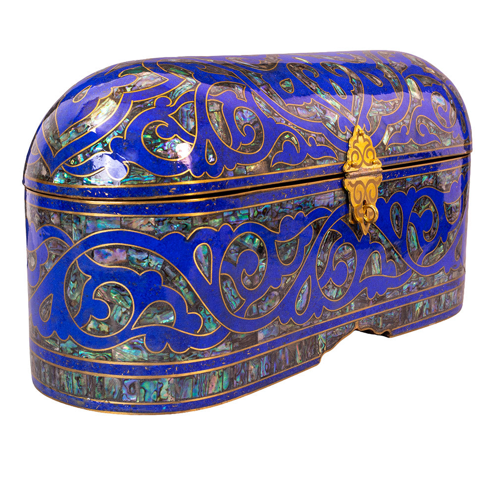 Egyptian jewelry box inlaid with jemstones lapis lazuli, blue mother of pearl  and brass made in egypt