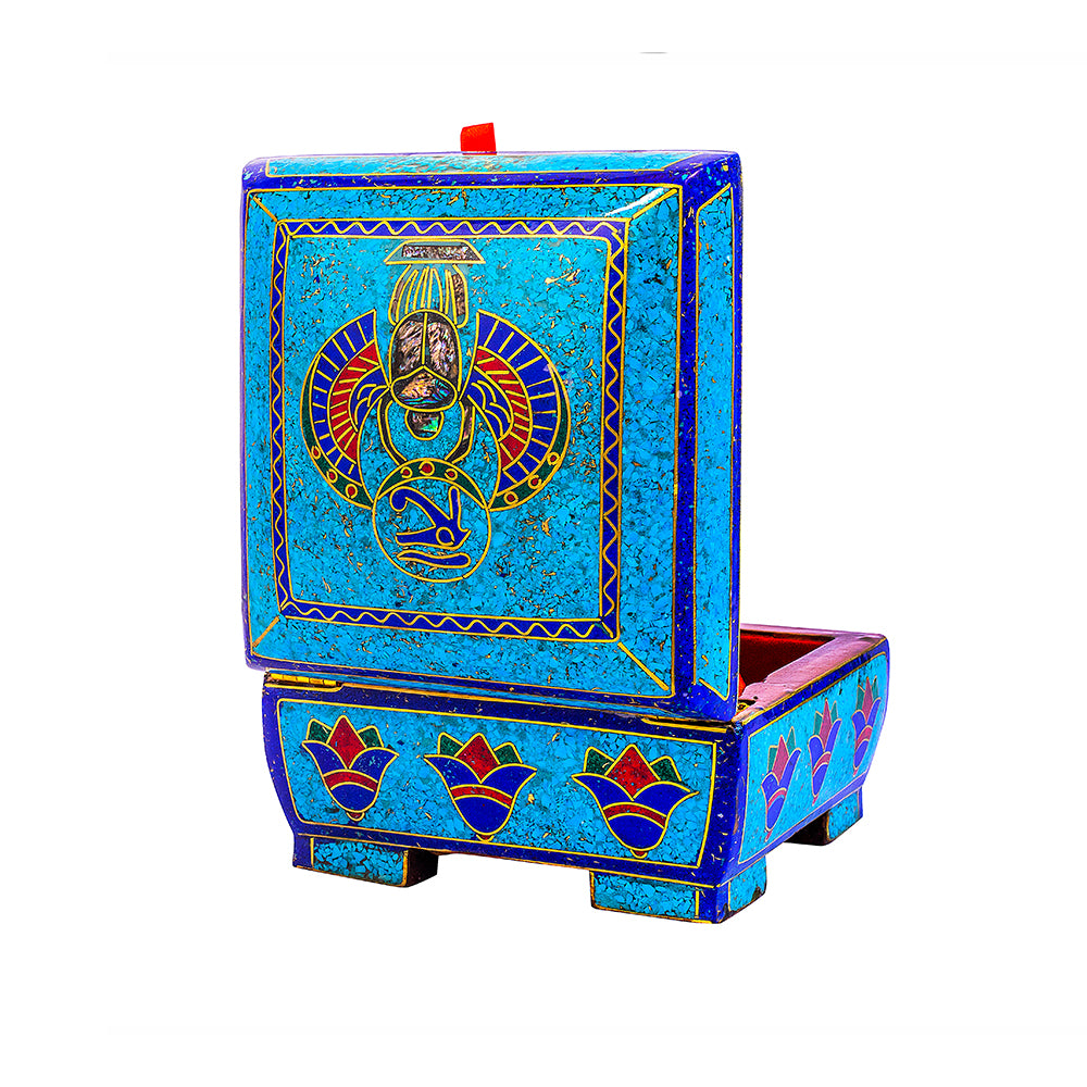 Egyptian pharonic jewelry box inlaid with jemstones lapis lazuli,turquoise,coral,Malachite,blue mother of pearl and brass made in egypt