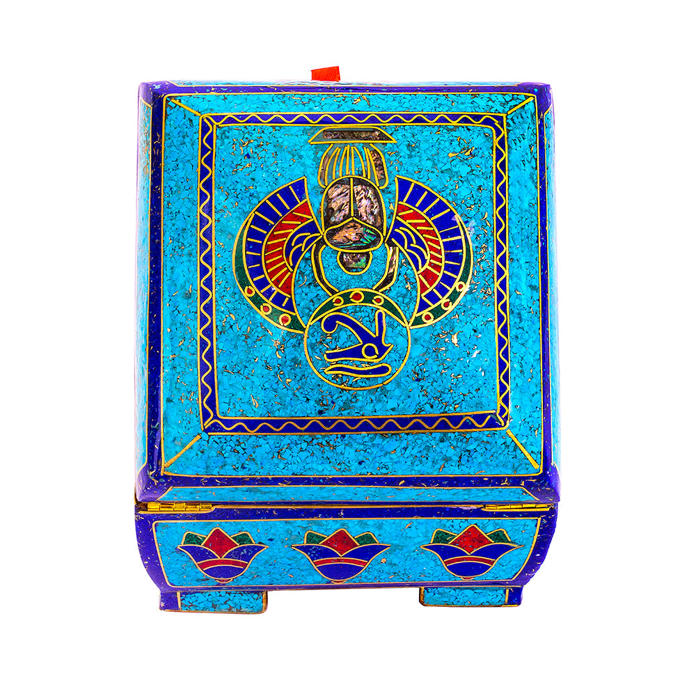 Egyptian pharonic jewelry box inlaid with jemstones lapis lazuli,turquoise,coral,Malachite,blue mother of pearl and brass made in egypt