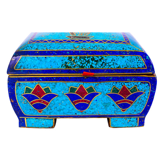 Egyptian pharonic jewelry box inlaid with jemstones lapis lazuli,turquoise,coral,Malachite,blue mother of pearl and brass made in egypt