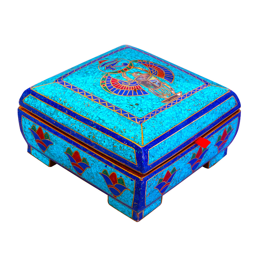 Egyptian pharonic jewelry box inlaid with jemstones lapis lazuli,turquoise,coral,Malachite,blue mother of pearl and brass made in egypt