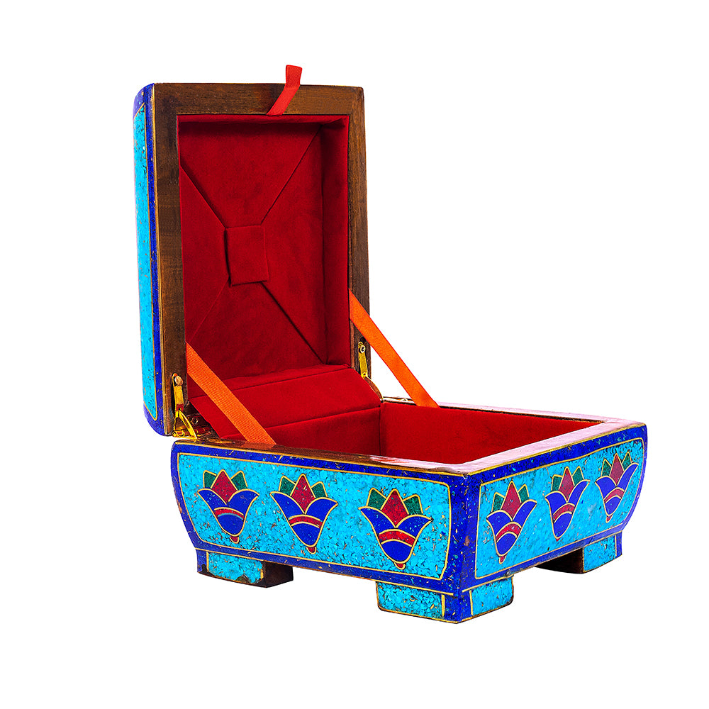 Egyptian pharonic jewelry box inlaid with jemstones lapis lazuli,turquoise,coral,Malachite,blue mother of pearl and brass made in egypt