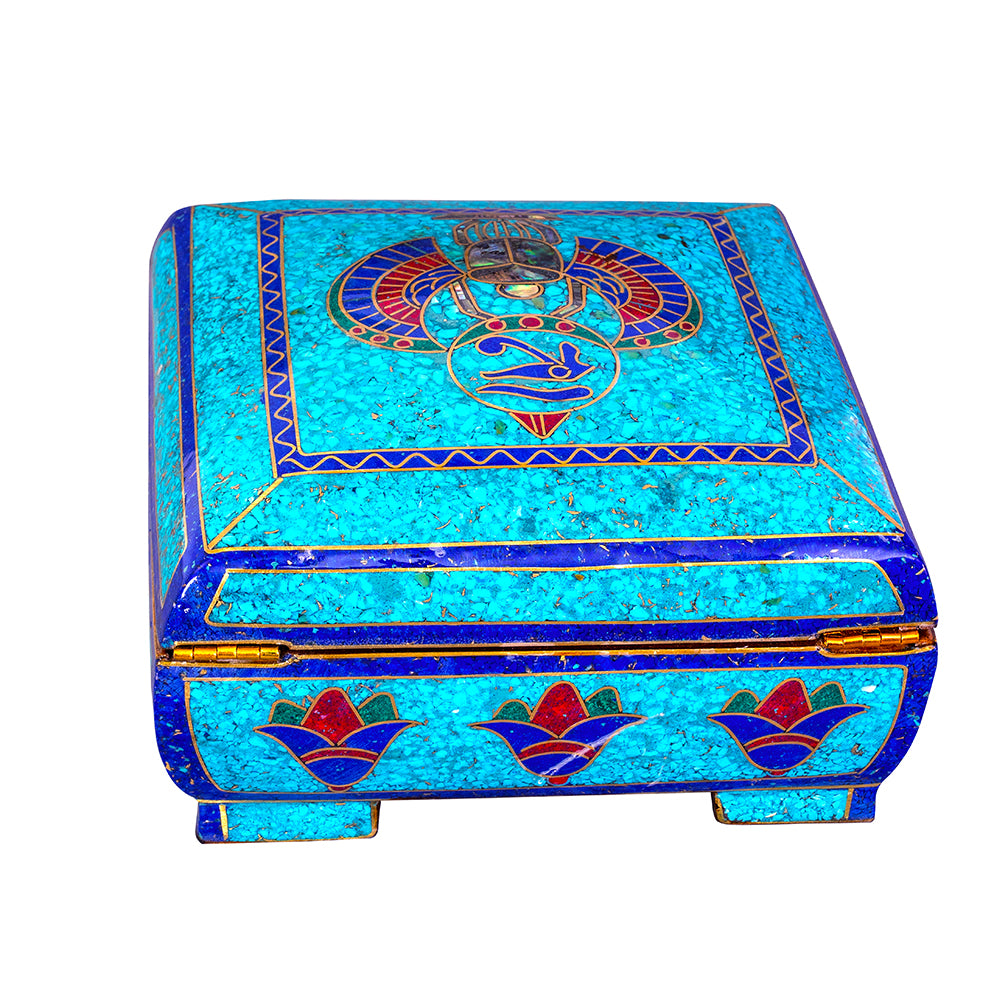 Egyptian pharonic jewelry box inlaid with jemstones lapis lazuli,turquoise,coral,Malachite,blue mother of pearl and brass made in egypt