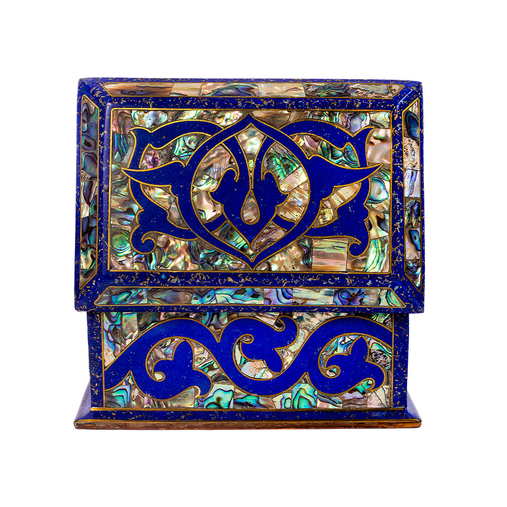 Egyptian jewelry box inlaid with jemstones lapis lazuli, blue mother of pearl  and brass made in egypt
