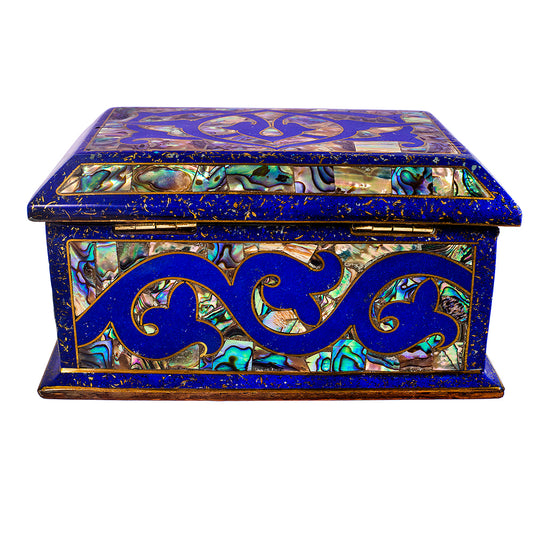 Egyptian jewelry box inlaid with jemstones lapis lazuli, blue mother of pearl  and brass made in egypt