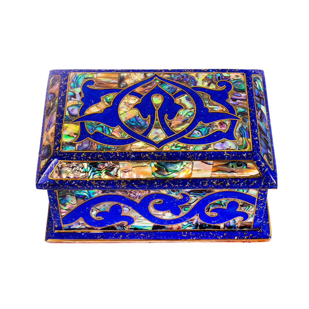 Egyptian jewelry box inlaid with jemstones lapis lazuli, blue mother of pearl  and brass made in egypt
