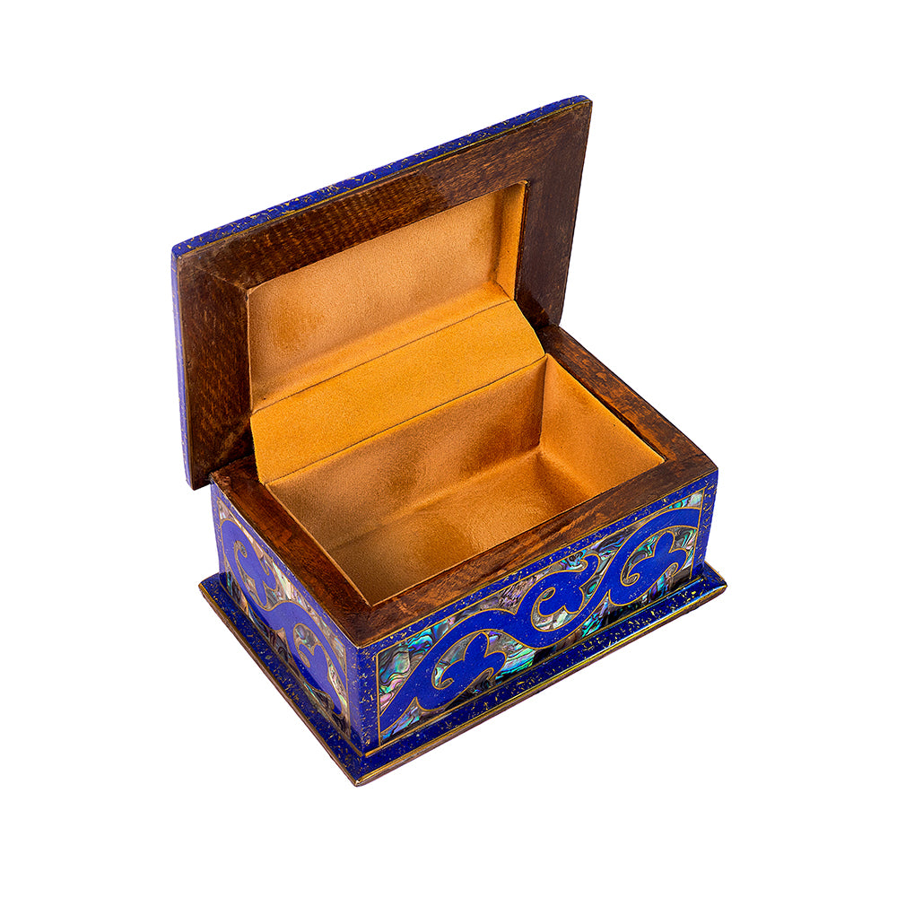 Egyptian jewelry box inlaid with jemstones lapis lazuli, blue mother of pearl  and brass made in egypt