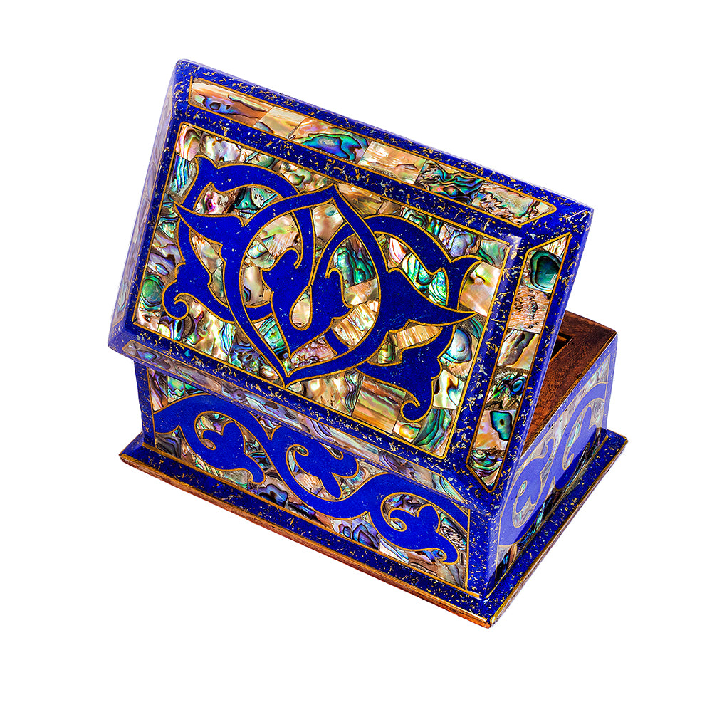 Egyptian jewelry box inlaid with jemstones lapis lazuli, blue mother of pearl  and brass made in egypt
