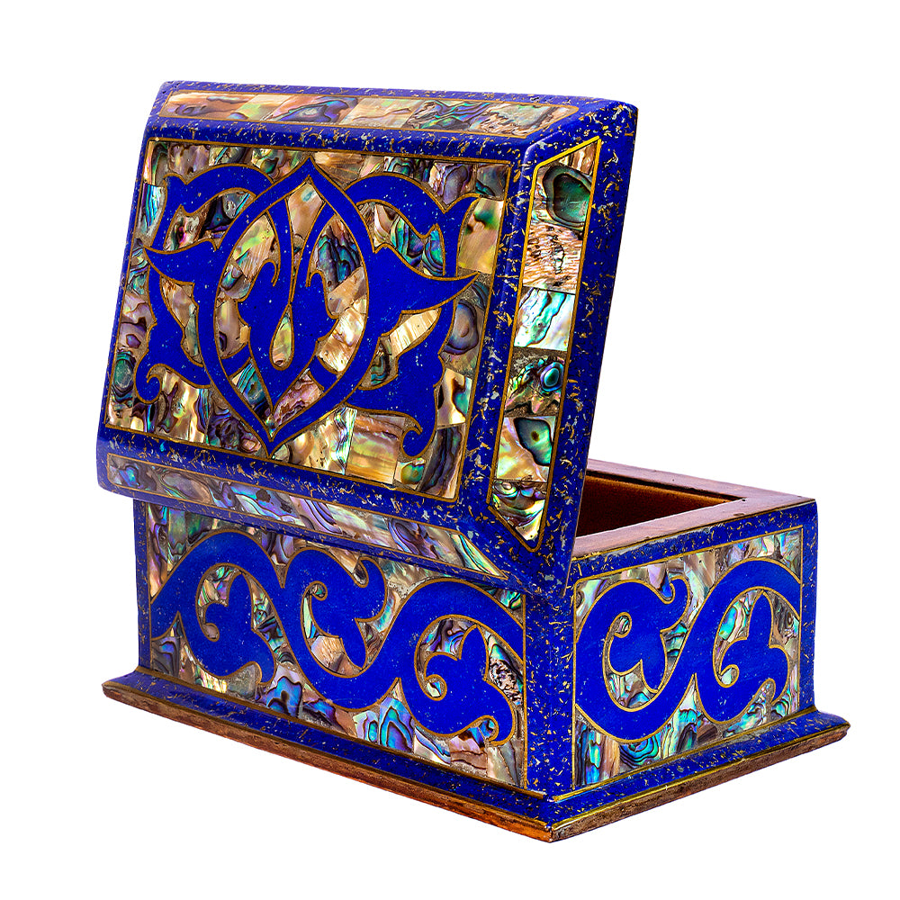 Egyptian jewelry box inlaid with jemstones lapis lazuli, blue mother of pearl  and brass made in egypt