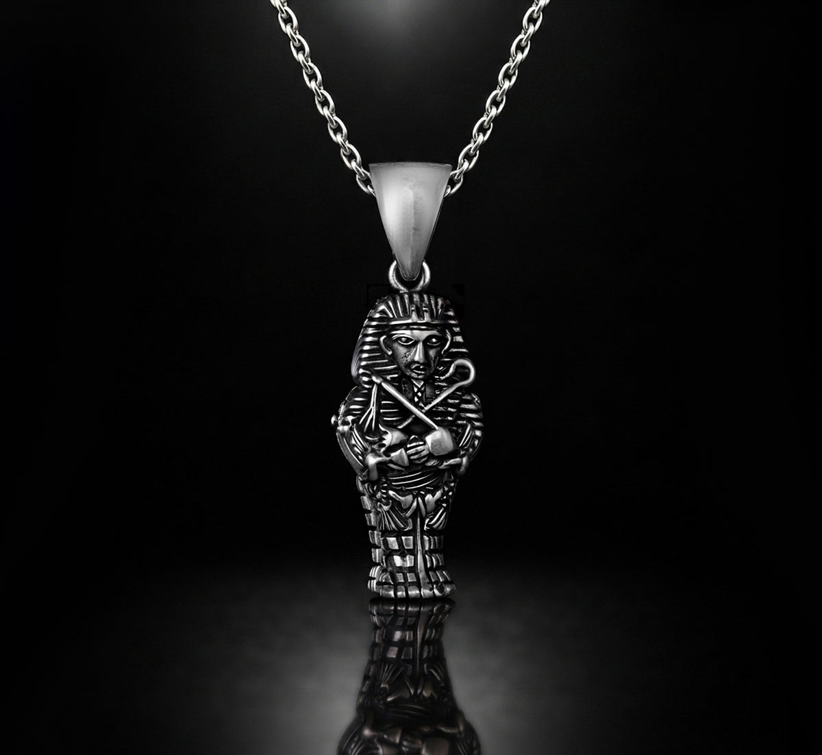 Handmade Oxidized Sterling Silver Sarcophagus Of Tutankhamun Pendant-Egyptian Art Necklace