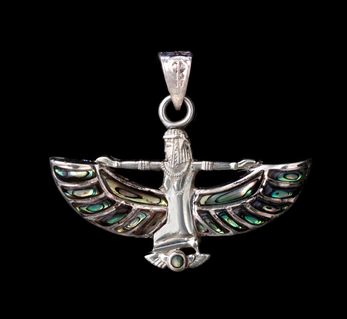 :925 Sterling Silver Egyptian Isis Goddess Pendant Necklace with Blue Mother of Pearl Inlay
