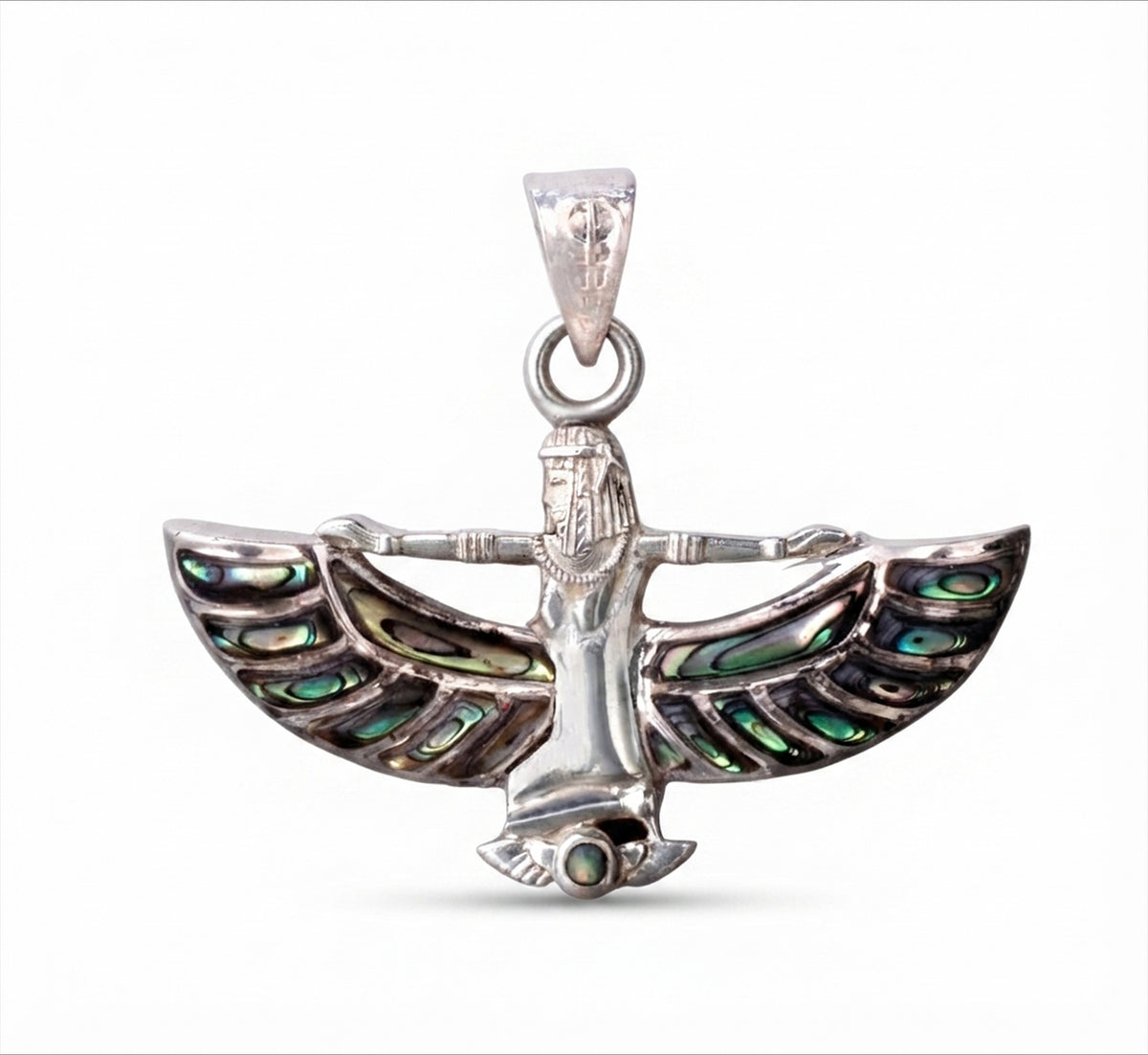 :925 Sterling Silver Egyptian Isis Goddess Pendant Necklace with Blue Mother of Pearl Inlay