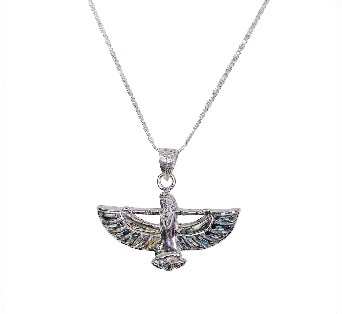 :925 Sterling Silver Egyptian Isis Goddess Pendant Necklace with Blue Mother of Pearl Inlay