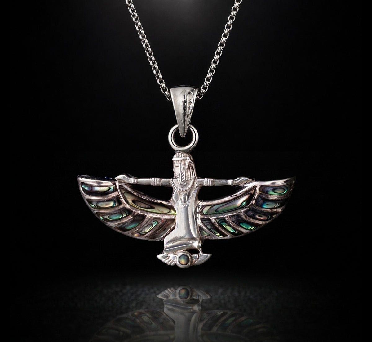 :925 Sterling Silver Egyptian Isis Goddess Pendant Necklace with Blue Mother of Pearl Inlay