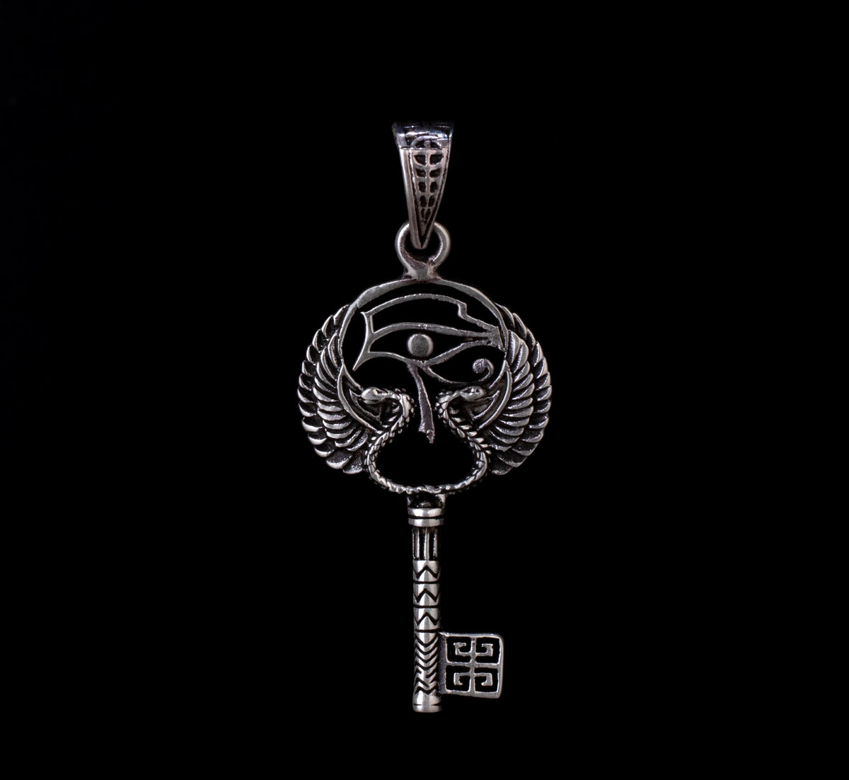 925 Silver Eye of Ra or Eye of Horus with Feathers Key Pendant, Unique Egyptian Eye Necklace Amulet, Sterling Silver Egypt Necklace