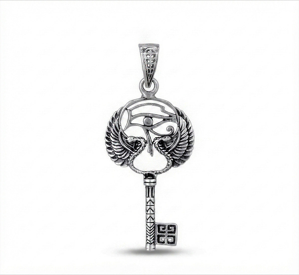 925 Silver Eye of Ra or Eye of Horus with Feathers Key Pendant, Unique Egyptian Eye Necklace Amulet, Sterling Silver Egypt Necklace