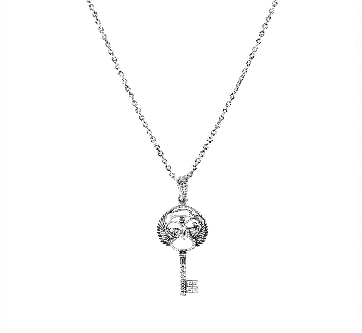 925 Silver Eye of Ra or Eye of Horus with Feathers Key Pendant, Unique Egyptian Eye Necklace Amulet, Sterling Silver Egypt Necklace