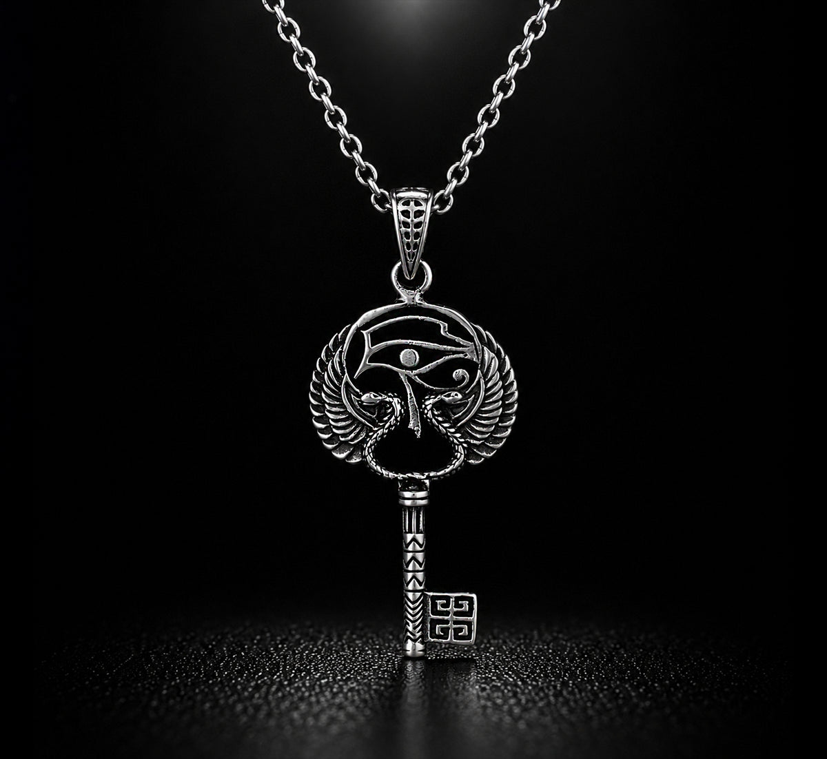 925 Silver Eye of Ra or Eye of Horus with Feathers Key Pendant, Unique Egyptian Eye Necklace Amulet, Sterling Silver Egypt Necklace