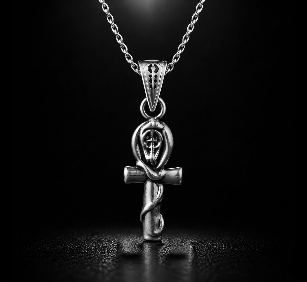 Egyptian Oxidozed Handcrafted 925 Sterling Silver Ankh With Egyptian Cobra Egyptian Key of life  Pendant and Chain Stambed