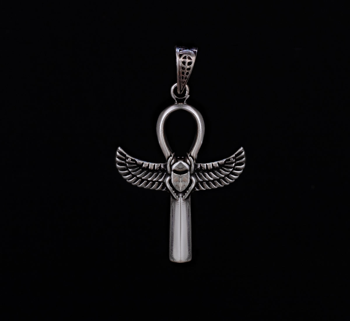 Sterling Silver 925 Egyptian Ankh with Scarab Wings Pendant Necklace made in Egypt