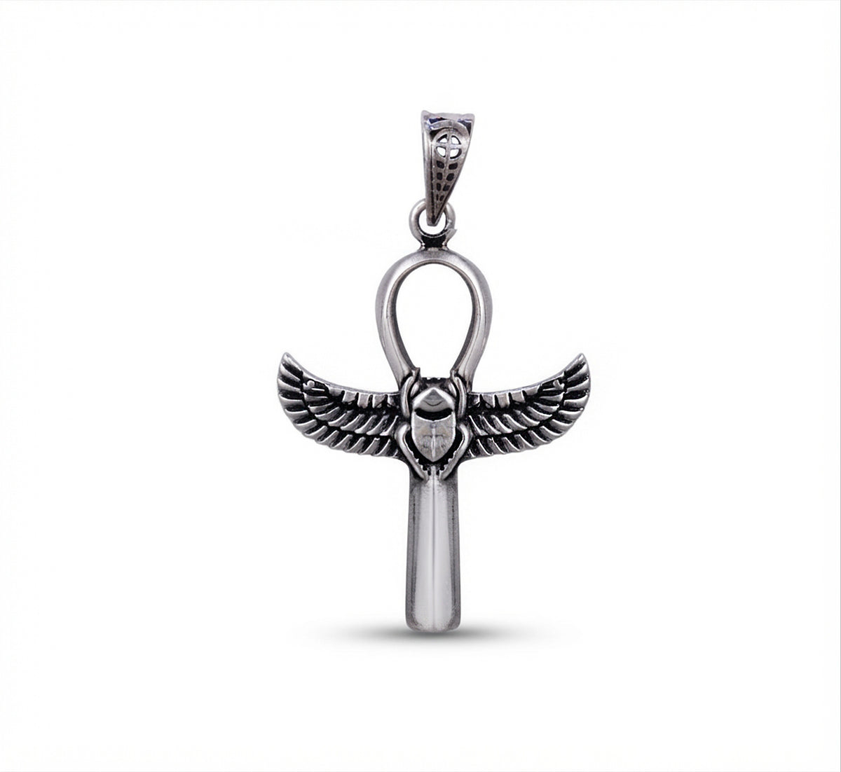 Sterling Silver 925 Egyptian Ankh with Scarab Wings Pendant Necklace made in Egypt