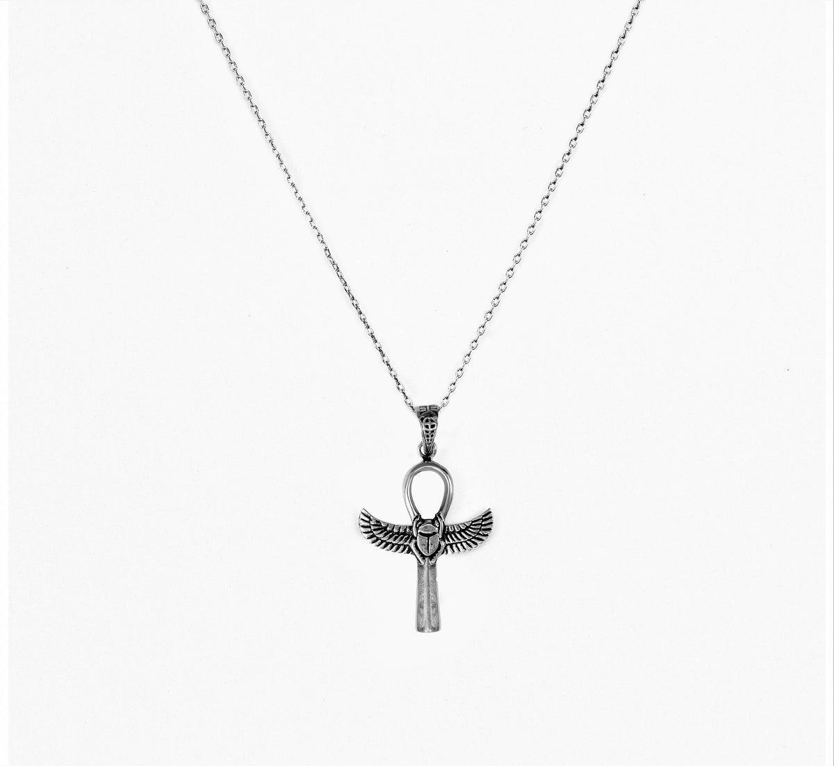 Sterling Silver 925 Egyptian Ankh with Scarab Wings Pendant Necklace made in Egypt