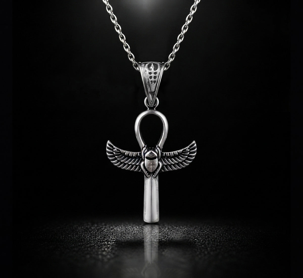 Sterling Silver 925 Egyptian Ankh with Scarab Wings Pendant Necklace made in Egypt