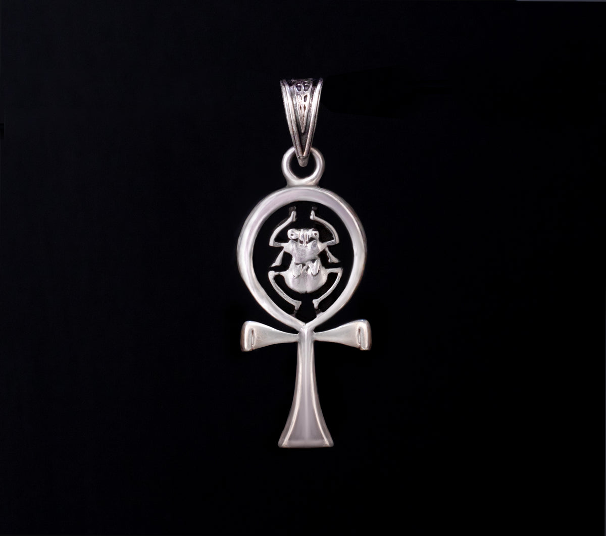 Ancient Egyptian Ankh Cross with Scarab Beetle Pendant Necklace – 925 Sterling Silver