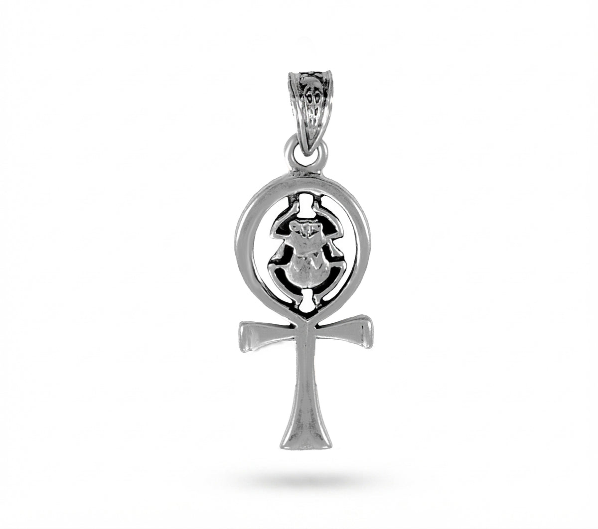 Ancient Egyptian Ankh Cross with Scarab Beetle Pendant Necklace – 925 Sterling Silver