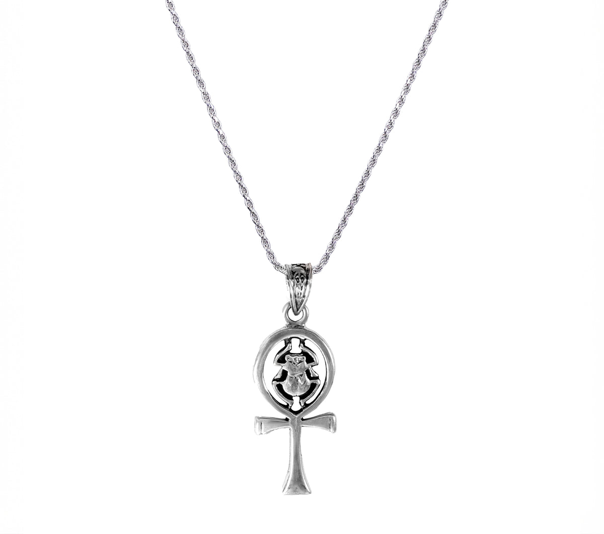 Ancient Egyptian Ankh Cross with Scarab Beetle Pendant Necklace – 925 Sterling Silver