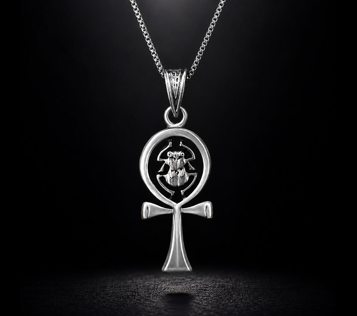 Ancient Egyptian Ankh Cross with Scarab Beetle Pendant Necklace – 925 Sterling Silver