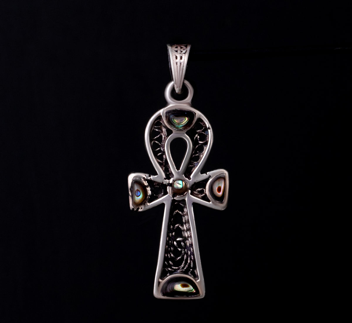 Sterling Silver 925 Ankh Pendant with Filigree Design and Mother of Pearl Inlays, Paired with a 925 Silver ChainMaterial