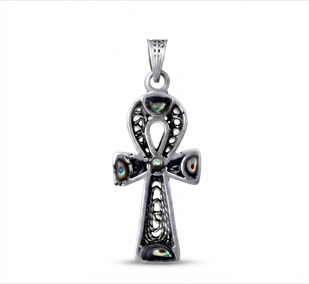 Sterling Silver 925 Ankh Pendant with Filigree Design and Mother of Pearl Inlays, Paired with a 925 Silver ChainMaterial