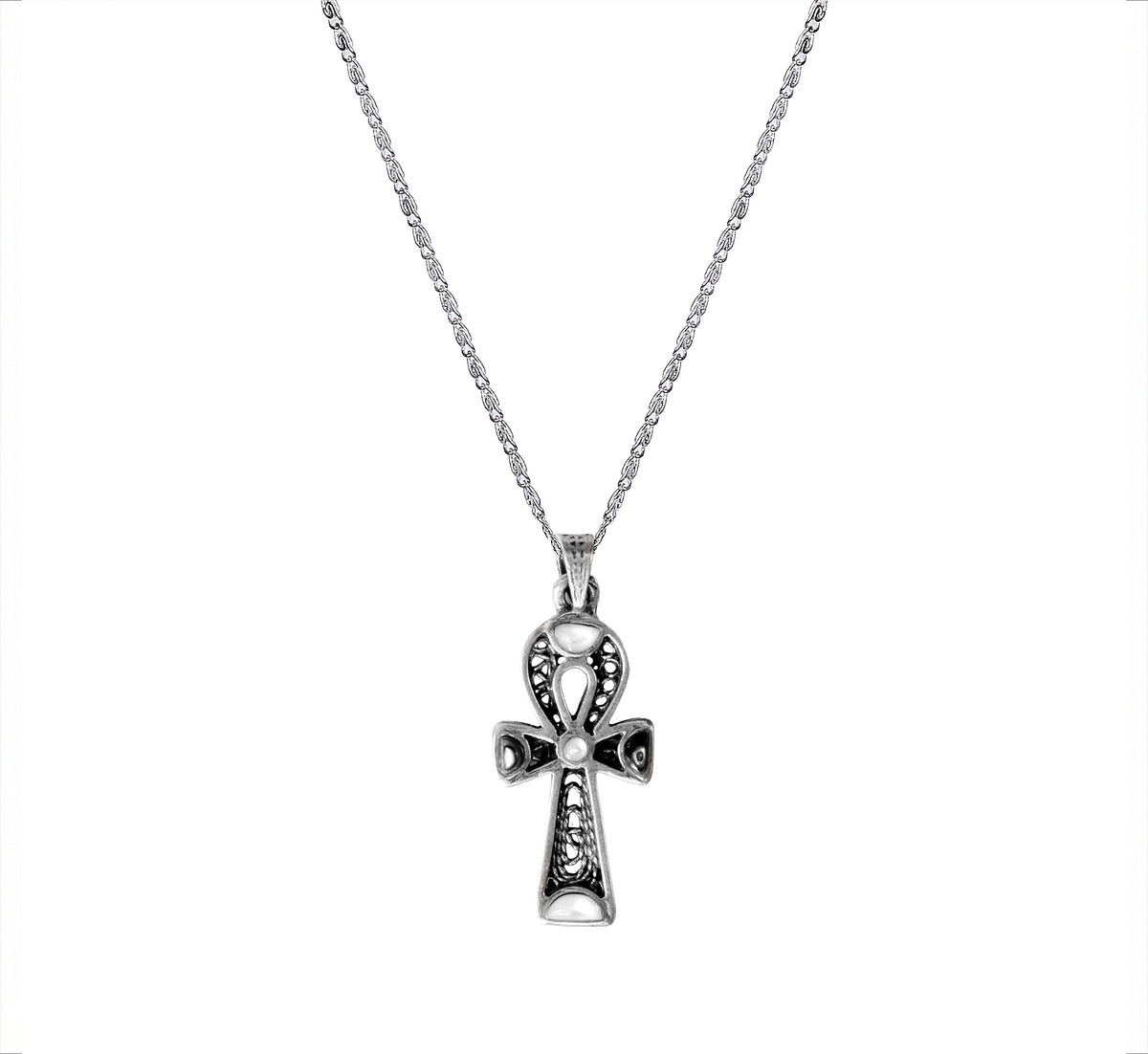 Sterling Silver 925 Ankh Pendant with Filigree Design and Mother of Pearl Inlays, Paired with a 925 Silver ChainMaterial