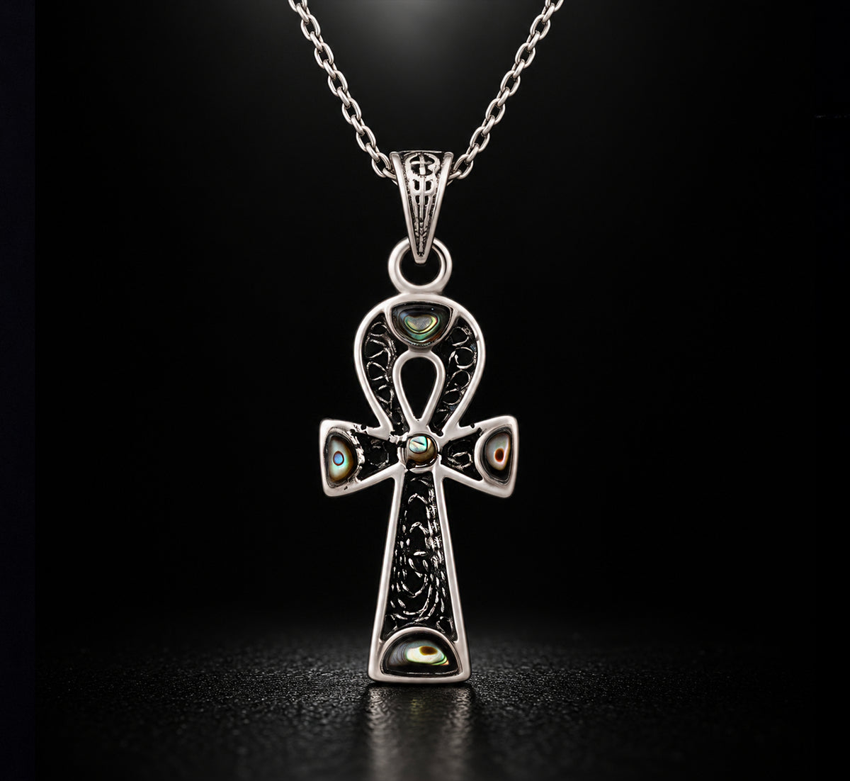Sterling Silver 925 Ankh Pendant with Filigree Design and Mother of Pearl Inlays, Paired with a 925 Silver ChainMaterial