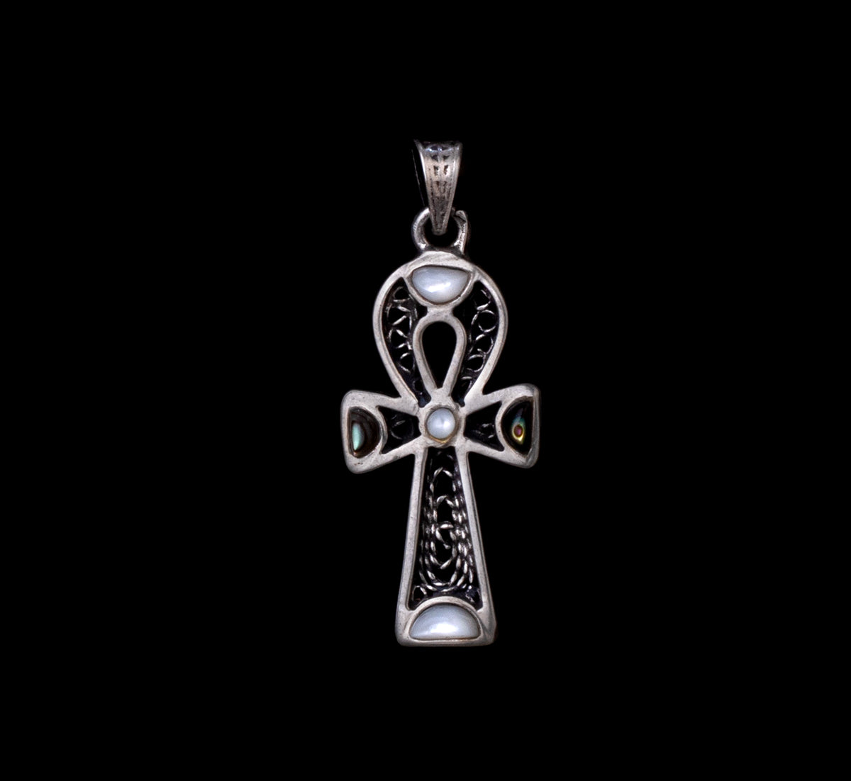 Sterling Silver 925 Ankh Pendant with Filigree Design and Blue Mother of Pearl Inlays, Paired with a 925 Silver ChainMaterial
