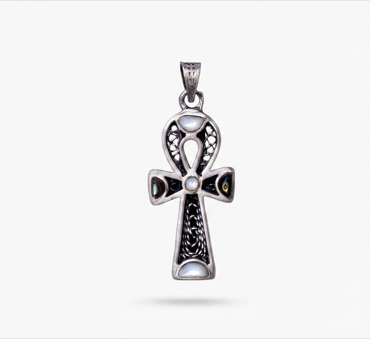 Sterling Silver 925 Ankh Pendant with Filigree Design and Blue Mother of Pearl Inlays, Paired with a 925 Silver ChainMaterial