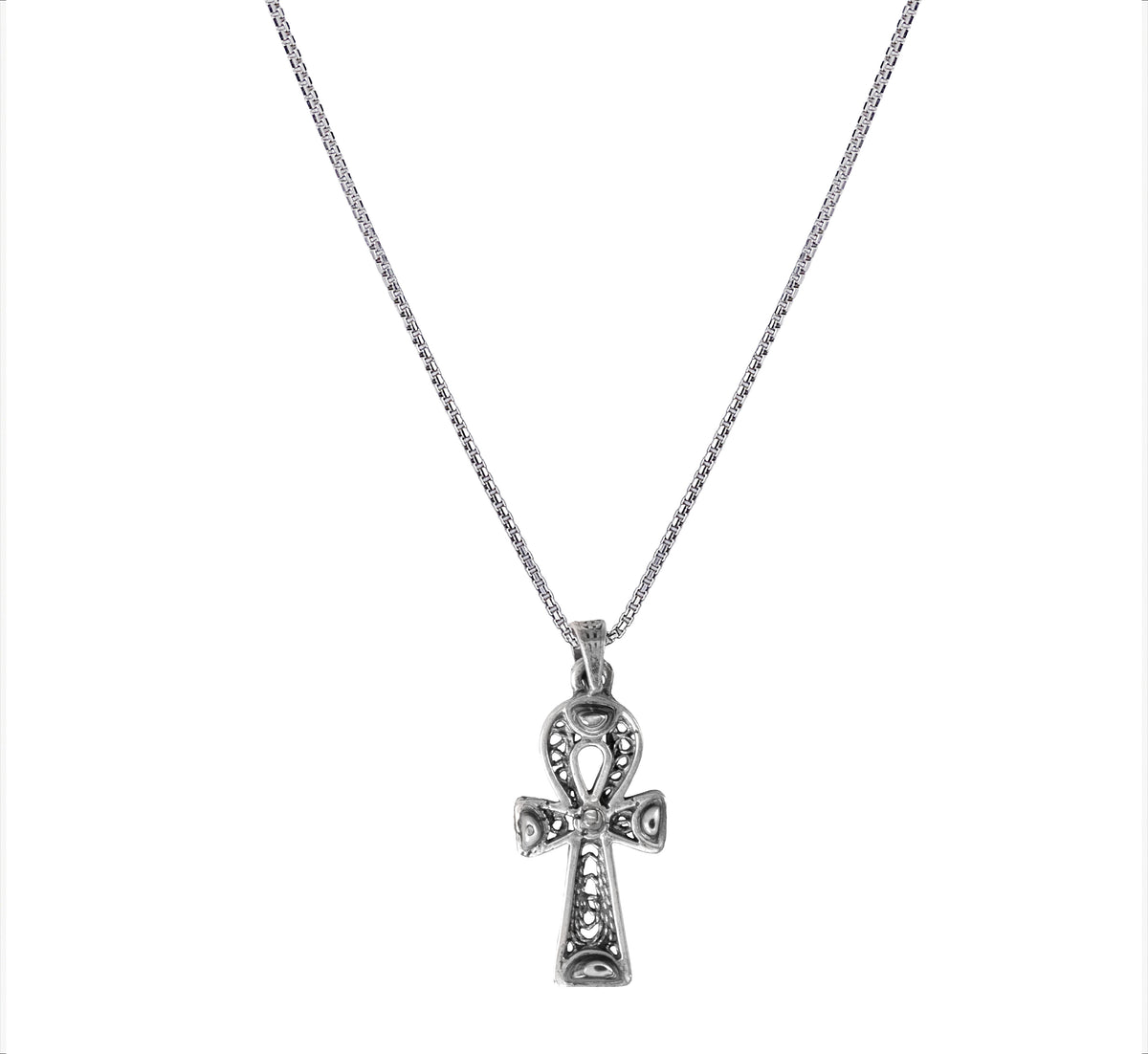Sterling Silver 925 Ankh Pendant with Filigree Design and Blue Mother of Pearl Inlays, Paired with a 925 Silver ChainMaterial