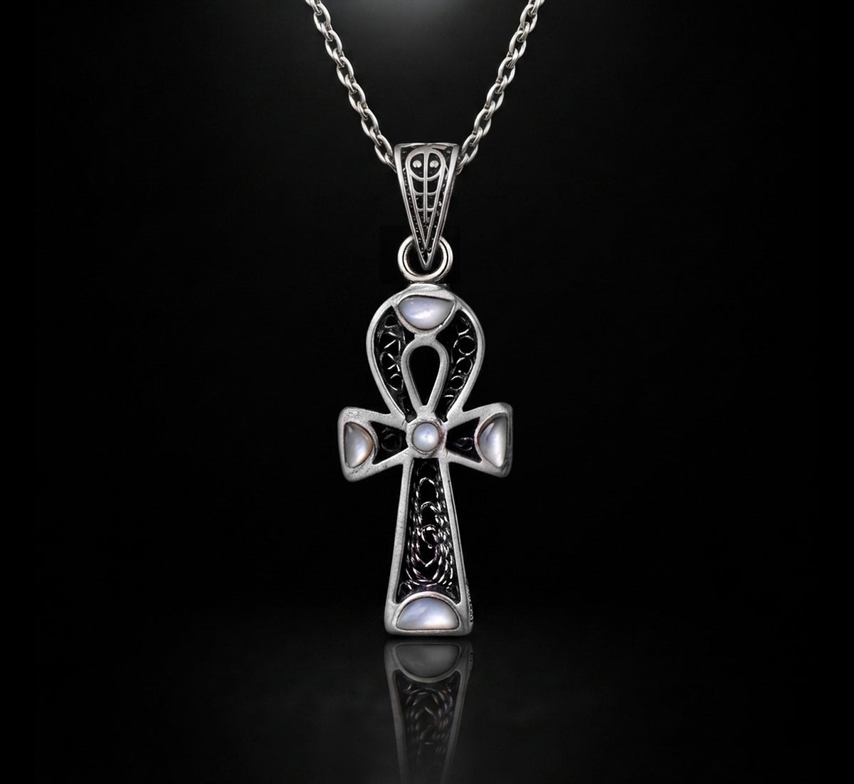 Sterling Silver 925 Ankh Pendant with Filigree Design and Blue Mother of Pearl Inlays, Paired with a 925 Silver ChainMaterial