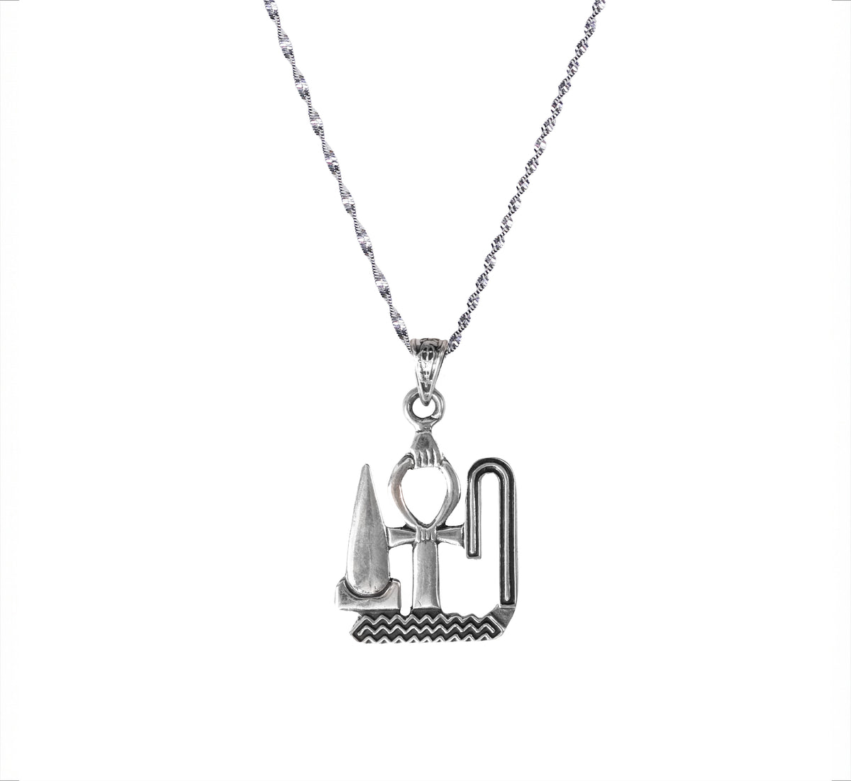 "925 Sterling Silver Ancient Egyptian Amulete Necklace featuring the iconic Ankh (Life), Udja (Prosperity), and Seneb (Health) hieroglyphic symbols, paired with a matching 925 silver chain."