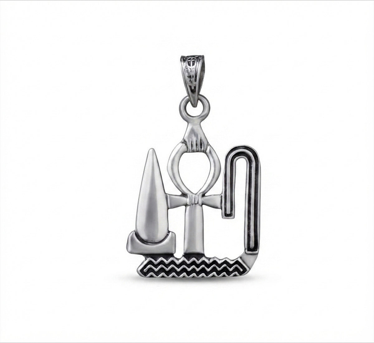 "925 Sterling Silver Ancient Egyptian Amulete Necklace featuring the iconic Ankh (Life), Udja (Prosperity), and Seneb (Health) hieroglyphic symbols, paired with a matching 925 silver chain."