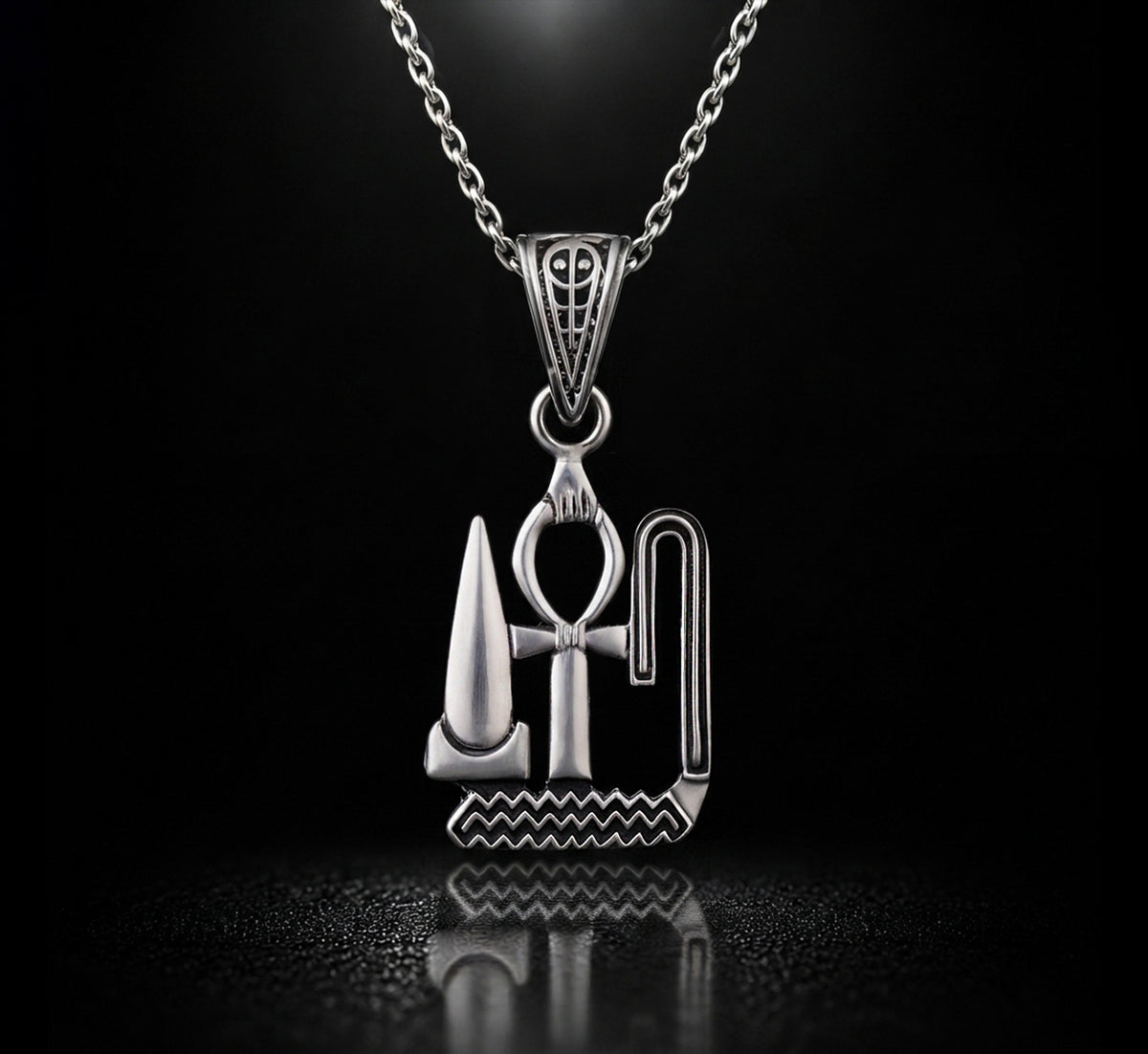 "925 Sterling Silver Ancient Egyptian Amulete Necklace featuring the iconic Ankh (Life), Udja (Prosperity), and Seneb (Health) hieroglyphic symbols, paired with a matching 925 silver chain."