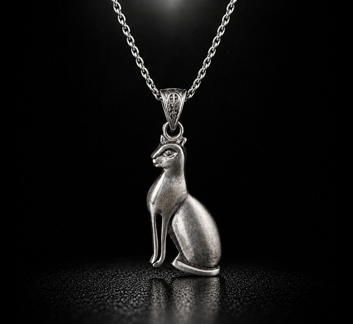 925 Sterling Silver Egyptian Medium Bastet Cat Pendant Necklace Style: Vintage, Mythological, Minimalist.