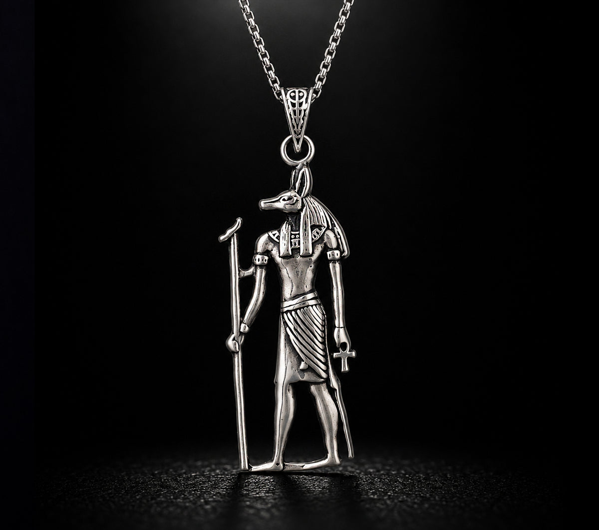 925 Sterling Silver Egyptian Anubis God Pendant Necklace for Men and Women.
