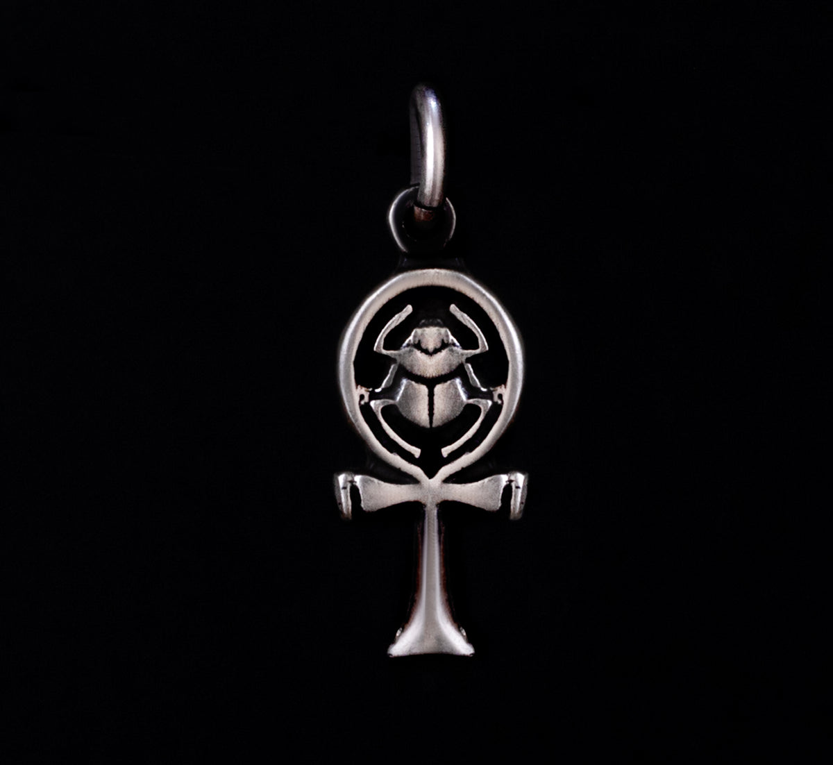 925 Sterling Silver Ancient Egyptian Small Ankh Cross & Scarab Beetle Pendant Necklace
