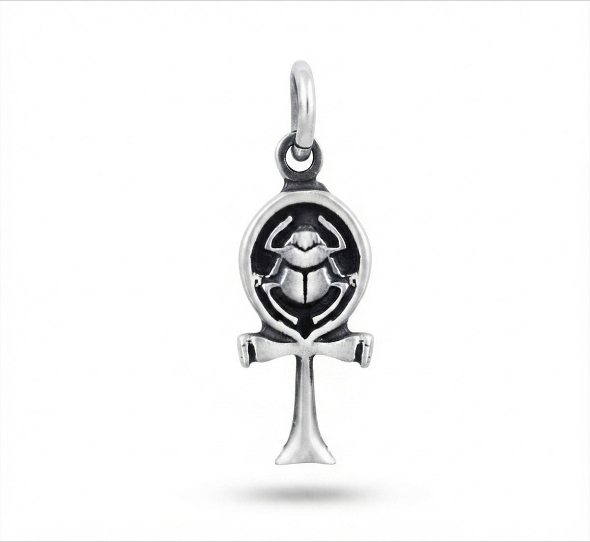 925 Sterling Silver Ancient Egyptian Small Ankh Cross & Scarab Beetle Pendant Necklace