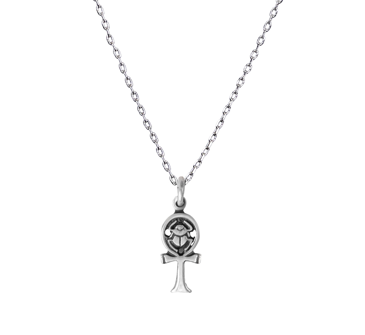 925 Sterling Silver Ancient Egyptian Small Ankh Cross & Scarab Beetle Pendant Necklace