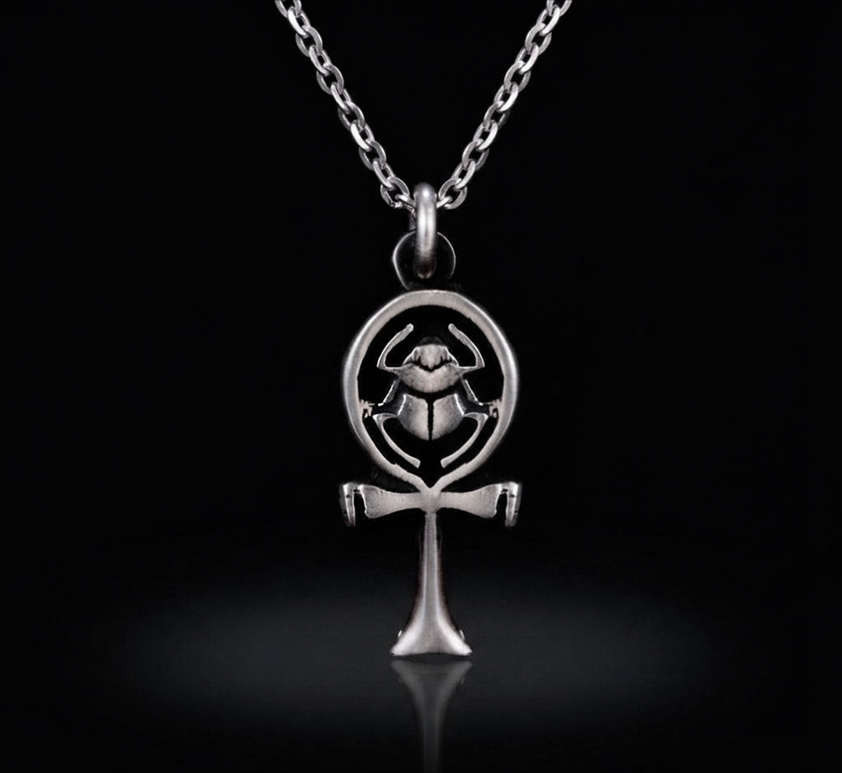 925 Sterling Silver Ancient Egyptian Small Ankh Cross & Scarab Beetle Pendant Necklace