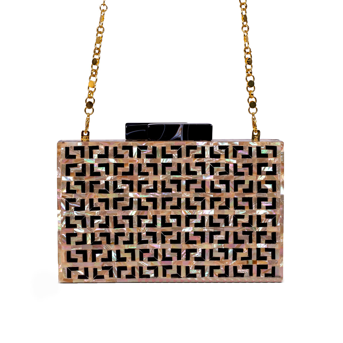 Unique Clutch Bag in Mother of pearl - Shoulder Bag - evening glam Accessory and Gold Chain