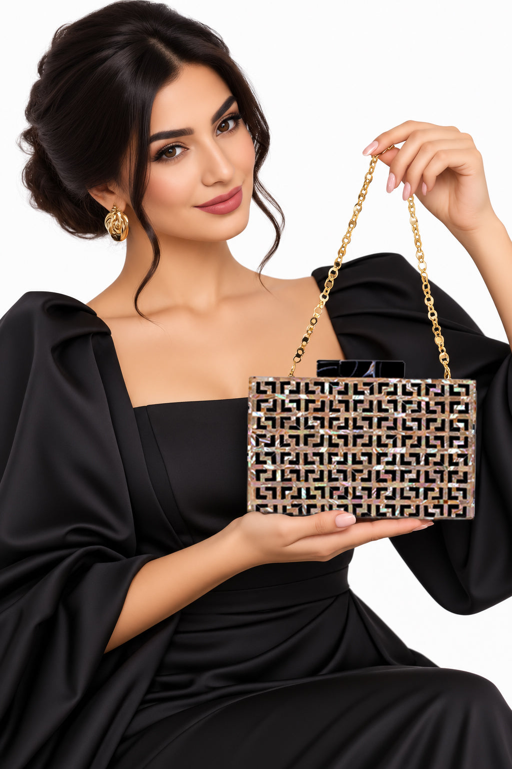 Unique Clutch Bag in Mother of pearl - Shoulder Bag - evening glam Accessory and Gold Chain